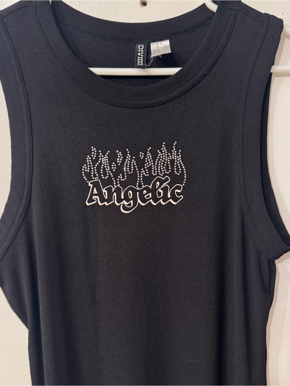 Angelic Black Ribbed Dress with Rhinestone Flame Detail M